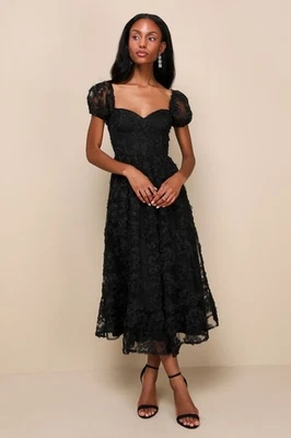 Lulus Notable Elegance Black Mesh Floral Applique Bustier Midi Fairygoth Dress M - Image 1 of 4