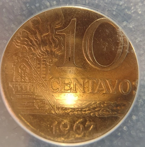 Brazil 1967 10 Centavos ANACS AU58 10C Struck on 5C Blank, Massive Error! Cover