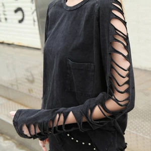 Punk Tattered Tassel Distressed Sexy Women's Personalized Long Sleeved T-Shirt - Picture 1 of 16