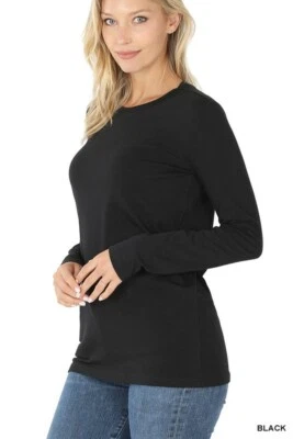 Womens Cotton T-Shirt Crew Neck Stretch Casual Tunic Long Sleeve Plain Basic Top - Image 1 of 4