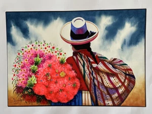 Watercolor Original Peruvian Artist Rafael Grovas Native Woman Flowers Landscape - Picture 1 of 3