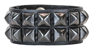 Black Pyramid Stud Leather Punk Goth Club Rockabilly 2 Row Bracelet - Image 1 of 3