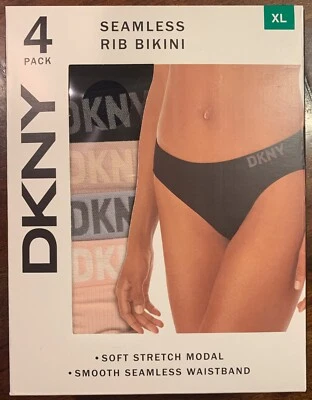 DKNY Sz XL Women's Seamless Ribbed Bikini Underwear 4 Pack-Black/Gray/Nude/Pink - Image 1 of 3