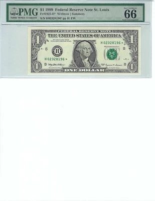 1999 $1 FRN FR1925-H* PMG 66 EPQ, St. Louis * Note S/N H02328195*!!! - Image 1 of 2