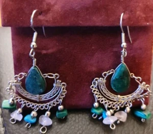 Tibetan Turquoise Chrysocolla Silver, Green, Clear & Blue Bohemian Earrings - Picture 1 of 4