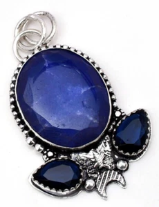 Blau Saphir Edelstein 925 Sterlingsilber Handarbeit Schmuck Anhänger - Bild 1 von 7