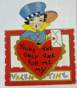 Valentinstag viktorianisch gestanzte Grußkarte brünettes Mädchen großer Hut karierter Rock  - Bild 1 von 3