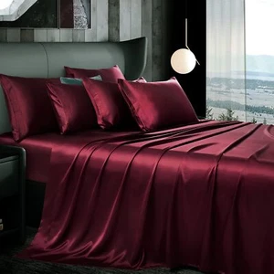 7-teiliges weinrotes Satinbettlaken King Size Seidensatin Bettwäsche Set, luxuriös - Bild 1 von 9