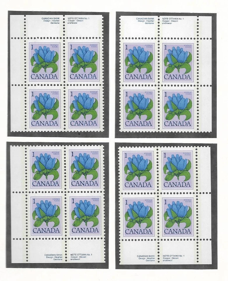 pk00810:Stamps-Canada #705 Bottle Gentian 1 cent Plate 1 Block Set-MNH - Image 1 of 1