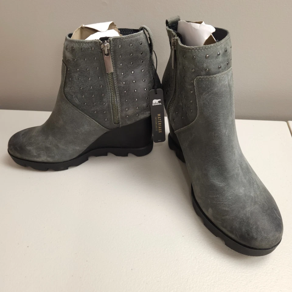 Zapatos Sorel Para Mujer Talla 9.5 Joan Uptown Gris Tachonado Botín Cremallera Lateral Cuero Foto 1 de 4
