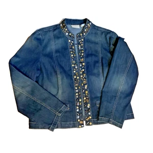 Chico's Platinum Denim Jacket Open Front Blue sequin trim size 2 (8-10)pockets - Picture 1 of 8