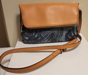 G.I.L.I. Tan Leather/Palm Print Canvas 2-in-1= Clutch or Crossbody Bag MSRP $139