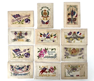 WW1 Silk Postcards X 12 Regiments Romance Union Jack Patriotic Christmas - Picture 1 of 16