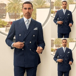 Doppelbrüstige Männer Anzüge Business Workwear Navy Jacke gestreift 2pcs Mantel - Bild 1 von 13