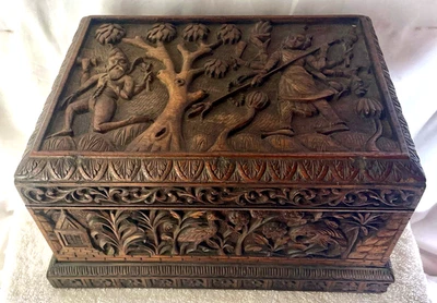 ANTIQUE ASIAN TIBETAN BOX HAND CARVED ROSEWOOD STORAGE JEWELRY DOCUMENT KEEPSAKE - Image 1 of 4