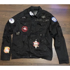 Mens Smoke Rise Distressed Denim Jacket With Patches Size XL Black Studded - Picture 1 of 21