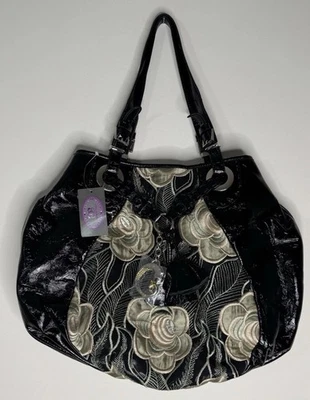 Nuevo con etiquetas Bolso de Mano Sharif Grande Negro con Intrincadas Flores Bordadas, Bolso Dije Foto 1 de 4