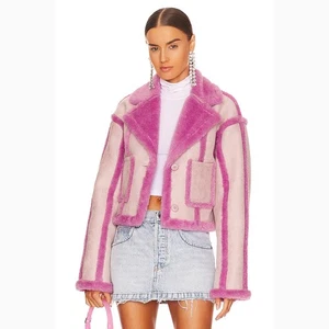 Chaqueta corta OW Collection Berlin pequeña rosa lavanda imitación piel gamuza ribete abrigo - Imagen 1 de 8