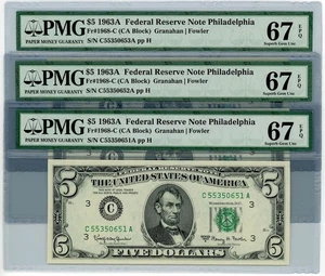 Fr. 1968-C $5 1963A 3 Consecutive Federal Reserve Philadelphia Notes 67 EPQ PMG - Picture 1 of 3