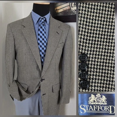 VTG STAFFORD 38R Tweed Sport Coat Blazer Houndstooth Mini Plaid Suit Jacket - Image 1 of 4