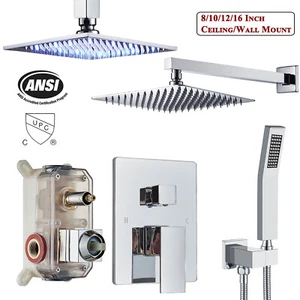 Chrome Shower Faucet Set System Rainfall Shower Head Combo with Mixer Valve Kit - Picture 1 of 40