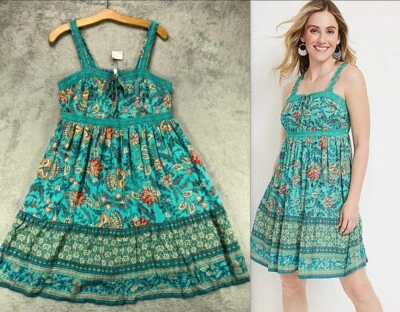 NUEVO MAURICES Mujer Mini Vestido Boho Paisley Mediano Verde Babydoll Vestido Crochet Foto 1 de 4