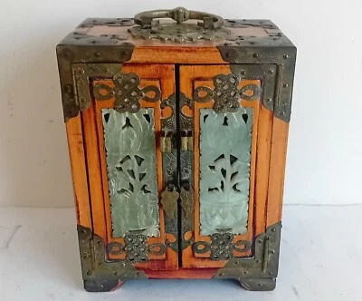 Chinese Jewellery Box / Chinese Table Top Cabinet. Jade Panels - Hard Wood  - Image 1 of 4