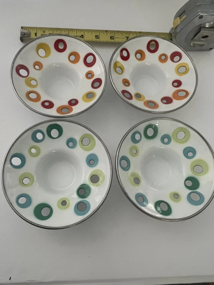 3 IKEA Votive Candle Holders White MC Modern Enamel Metal Green Blue Polka Dots