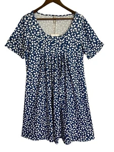 Noracora Dress Womens Large Blue White Floral Jersey Stretch Pleated Neckline - Picture 1 of 11