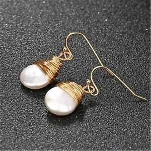 White Baroque Pearl Earrings Gold Plated Ear Drop Dangle Party New Year
