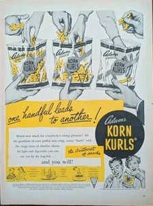 1950 Vintage Adams Korn Kurls Bolso de Mano Snacks, Chips Retro Antiguo Arte de Pared - Imagen 1 de 1