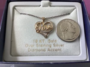 Heart LOVE Pendant Necklace Valentines Day 18 KT. Gold over Sterling Silver - Picture 1 of 2