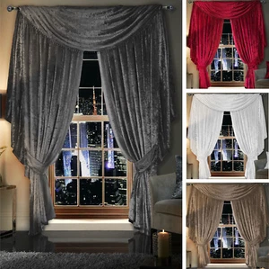 Crushed Velvet Curtains Pencil Pleat Tape Top - Optional BEADED Scarf Drape - Picture 1 of 8