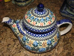 Unikat Poland Large 10 Cup Double Handle Teapot Blue Roses T. Nakonieczna - Picture 1 of 5