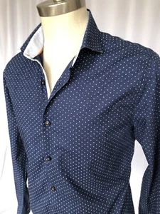 DENIM & FLOWER Mens Cotton Detailed Shirt Navy Pindot, Large - Picture 1 of 8