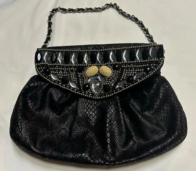 Chico's Black Embellished Snakeskin Faux Suede Clutch Purse Evening Bag Handbag - Image 1 of 4
