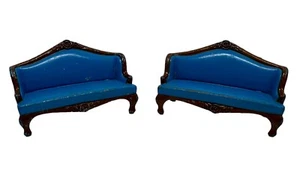 Vintage Mattel Dollhouse Sofa Set of Two Blue Metal Miniature Sofas 1980 - Picture 1 of 9