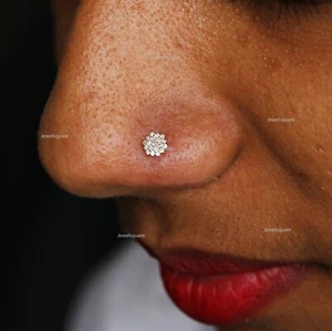 Natural Diamond Cluster Mini Stud, Nose Pin, Flower Piercing Jewelry 14k Gold - Picture 1 of 10