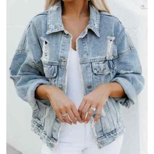 Super Distressed/Torn Boyfriend Denim Jacket Size Medium - Picture 1 of 12