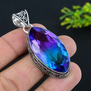 Bi-Color Tourmaline Gemstone 925 Sterling Silver Jewelry Pendant 2.17" v493 - Picture 1 of 7