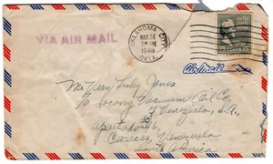 Sc#820 15c gray prexie Oklahoma to Caracas Venezuela VIA AIR MAIL in magenta 194 - Picture 1 of 2