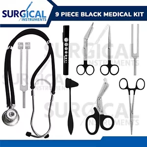 9 Piece BLACK Medical Kit Diagnostic EMT Nursing Surgical EMS Student Paramedic - Picture 1 of 8
