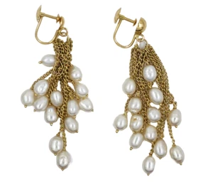 ANTIQUE FRENCH HALLMARK 18K GOLD CHANDELIER CHAIN PEARL DANGLE DROP EARRINGS - Picture 1 of 8