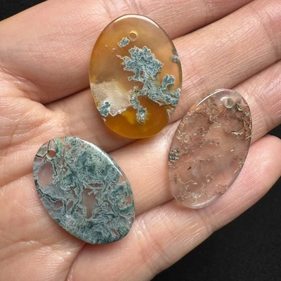 Rebanada escénica de ágata musgo 3 piezas - Colgante perforado 41 Foto 1 de 4