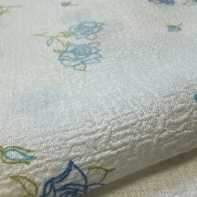 Vintage White Crepe  Textured Fabric Blue Rose Print BTHalf Y #17 - Image 1 of 4