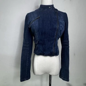 Vintage Y2K Blue Cropped Denim Jean Jacket Zip Up Moto Indie Fitted Clean Girl S - Picture 1 of 8