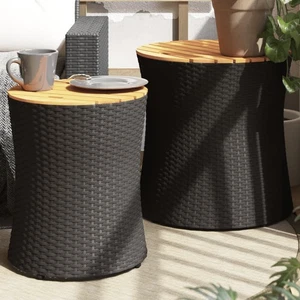 WALPLUS Garden Side Tables 2pcs Black Poly Rattan with Wooden Top - Picture 1 of 11