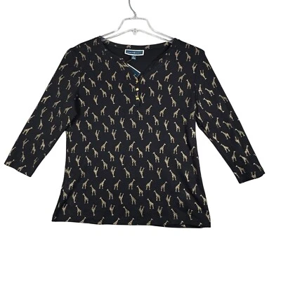 Karen Scott Shirt Black Gold Giraffe Print 3/4 Sleeve Novelty Size Large Petite - Image 1 of 4
