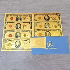 US 1 2 5 10 20 50 100 Dollars Gold Foil Plastic Banknotes 7pcs/set in Envelope - Picture 1 of 9