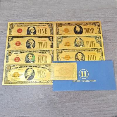 US 1 2 5 10 20 50 100 Dollars Gold Foil Plastic Banknotes 7pcs/set in Envelope - Image 1 of 4